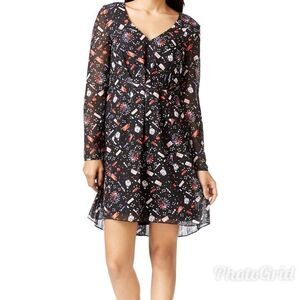 RACHEL‎ ROY Long Sleeve Chiffon Dress V-Neck Pleated Short Black Print Small New